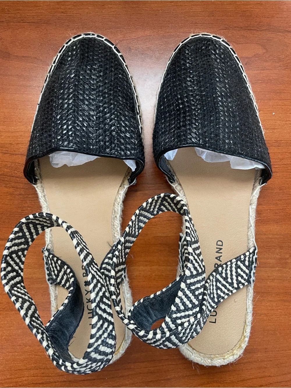 Lucky Brand Black Woven Espadrille Sandals with Ankle Tie Renka Chevron Raffia